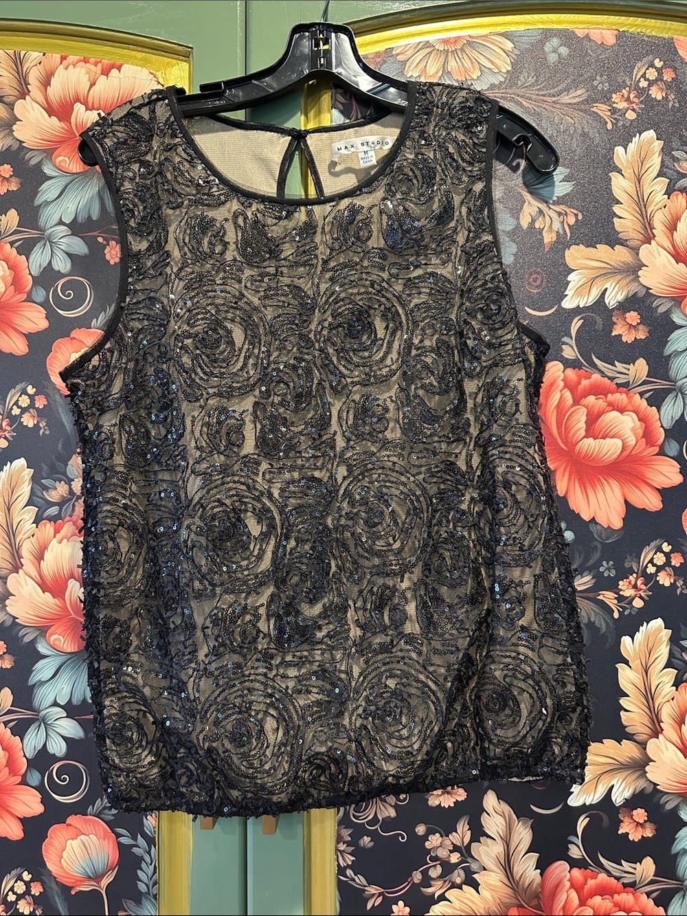 Max Studio Black Sequin Floral Lace Sleeveless Camisole